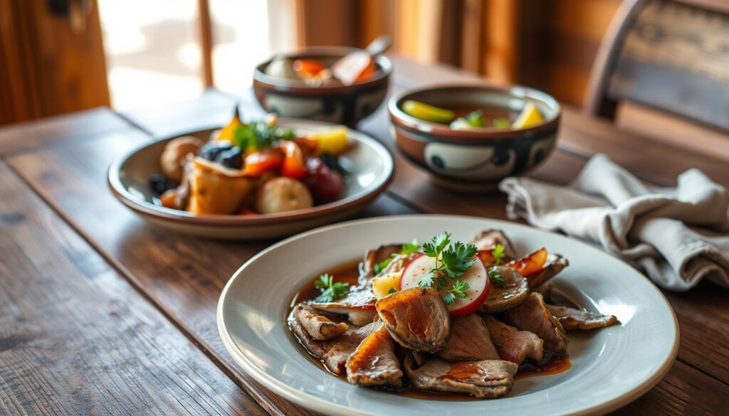 Traditionelle Servierweise von Emu Meat